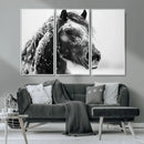 Winter Horse Canvas Print | Large 3-Panel Black White Equine