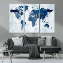 Modern Blue World Map Canvas Print – Framed Wall Art,