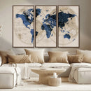 Vintage Blue World Map Canvas Wall Art – Antique Style