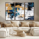 Blue and Gold Abstract Canvas Wall Art – Triptych Modern