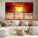 Red Sunset Ocean Beach Canvas Wall Art Beach Canvas, Coastal