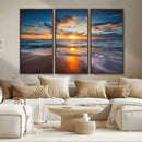Sunset on the Ocean Beach with Waves, Reflections on Sand,