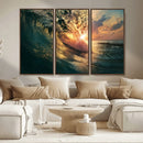 Ocean Wave Sunset Canvas Wall Art – Triptych Seascape Print