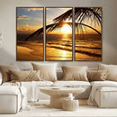 Golden Tropical Beach Sunset Canvas Triptych, Coastal Palm