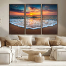 Sunset Beach Canvas Wall Art – Colorful Ocean Waves Triptych