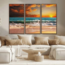 Golden Sunset Beach Canvas Wall Art – Triptych Seascape