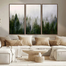 Misty Pine Forest Wall Art Canvas Print | 3 Panel Green