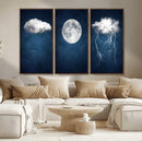 Dark Blue Cloud Art, 3 Piece Indigo Blue Wall Art, Aesthetic