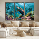 Sea Turtle and Coral Reef Triptych Wall Art – Vibrant