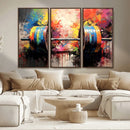 Weightlifting Barbell Art Triptych, Bold Abstract Fitness