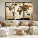 World Map Wall Art – Antique Style Blue and Brown Map Canvas