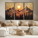Wood Style Abstract Mountain Sunset Canvas Wall Art Print -