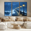 Stormy Ocean Pier Lights Canvas Wall Art Print - Large Moody by MyGreatCanvas | Canvas Wall Art Prints | Photo Prints & Wall Decor