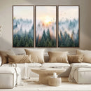 Misty Pine Forest Wall Art Canvas, Sunrise Over Foggy Trees
