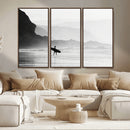 Surfer Beach Wall Art – Framed Black White Ocean Canvas