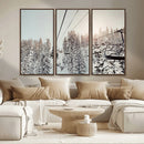 Frosty Pines Wall Art Canvas Print – Framed Cozy Cabin Ski