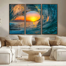 Ocean Wave Sunset Wall Art | Large Coastal Wave Canvas Print