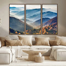 Misty Mountain Sunrise Triptych Canvas Print – Autumn