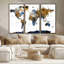 Modern Abstract World Map Canvas Wall Art – Framed Blue and
