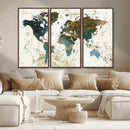 Vintage World Map Wall Art Canvas Print, Framed Rustic Earth