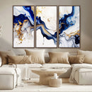 Golden Cascades on Midnight Blue – Deep Blue Abstract Wall