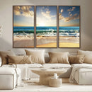 Golden Sunset Beach Triptych Canvas Wall Art for Living Room