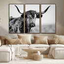 Texas Cow Longhorn Wall Art Canvas Print in Black and White