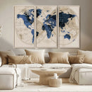 Vintage Blue World Map Canvas Wall Art – Antique Style