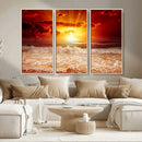 Red Sunset Ocean Beach Canvas Wall Art Beach Canvas, Coastal