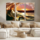 Golden Wave Sunset Triptych Canvas Art, Giclee Canvas Print