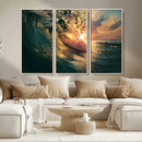 Ocean Wave Sunset Canvas Wall Art – Triptych Seascape Print
