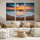 Sunset Beach Canvas Wall Art – Colorful Ocean Waves Triptych