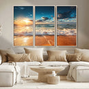 Golden Sunset Beach Triptych Canvas Art, Giclee Coastal Wall