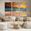 Golden Sunset Beach Canvas Wall Art – Triptych Seascape