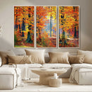 Autumn Red Forest Triptych Canvas Wall Art Print, Forest
