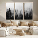 Foggy Black and White Forest Canvas Wall Art, 3 Panel Misty