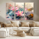 Lotus Flower Wall Art | 3-Panel Giclee Canvas Print of Pink