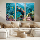 Sea Turtle and Coral Reef Triptych Wall Art – Vibrant