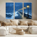 Stormy Ocean Pier Lights Canvas Wall Art Print - Large Moody