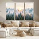 Misty Pine Forest Wall Art Canvas, Sunrise Over Foggy Trees