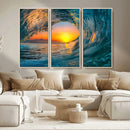 Ocean Wave Sunset Wall Art | Large Coastal Wave Canvas Print