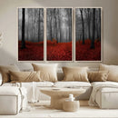 Red Forest Floor Canvas Wall Art – Mystical Foggy Woodland
