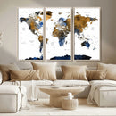 Modern Abstract World Map Canvas Wall Art – Framed Blue and