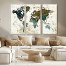 Vintage World Map Wall Art Canvas Print, Framed Rustic Earth