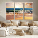 Sunset Beach Wall Art - 3-Panel Framed Canvas Print, Ready