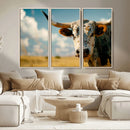 Longhorn in the Prairie - Stunning Ranch-Style Triptych Wall