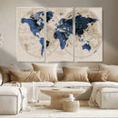 Vintage Blue World Map Canvas Wall Art – Antique Style
