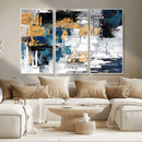 Blue and Gold Abstract Canvas Wall Art – Triptych Modern