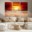 Red Sunset Ocean Beach Canvas Wall Art Beach Canvas, Coastal