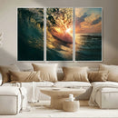 Ocean Wave Sunset Canvas Wall Art – Triptych Seascape Print